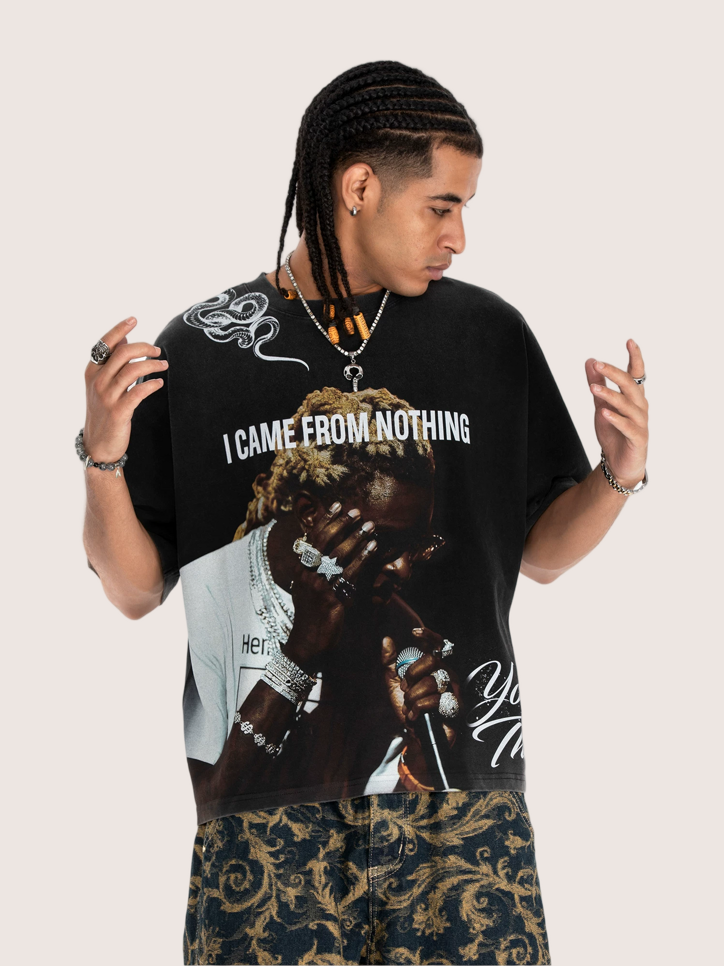 Rap Tee I Came From Nothing Black Acid Wash Graphic T-Shirt