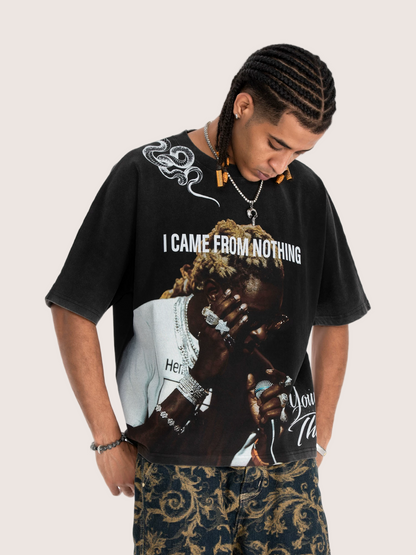 Rap Tee I Came From Nothing Black Acid Wash Graphic T-Shirt